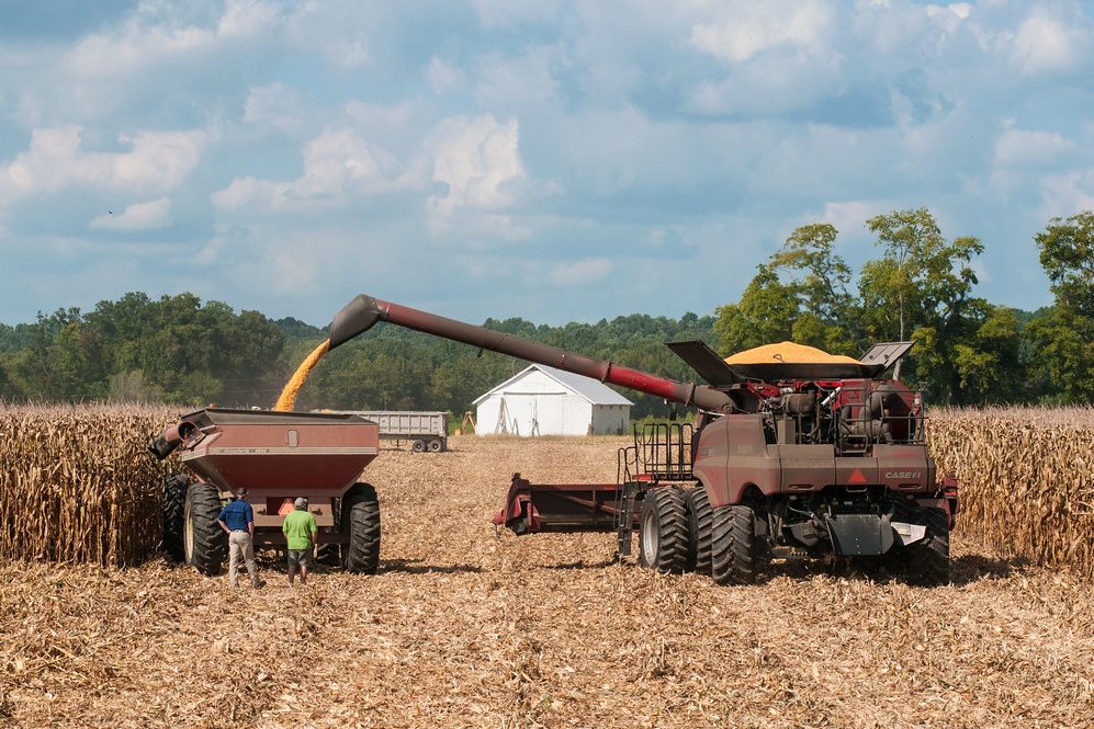 Combine and grain cart working a harvest in the Central Valley — hydraulic-driven farm equipment